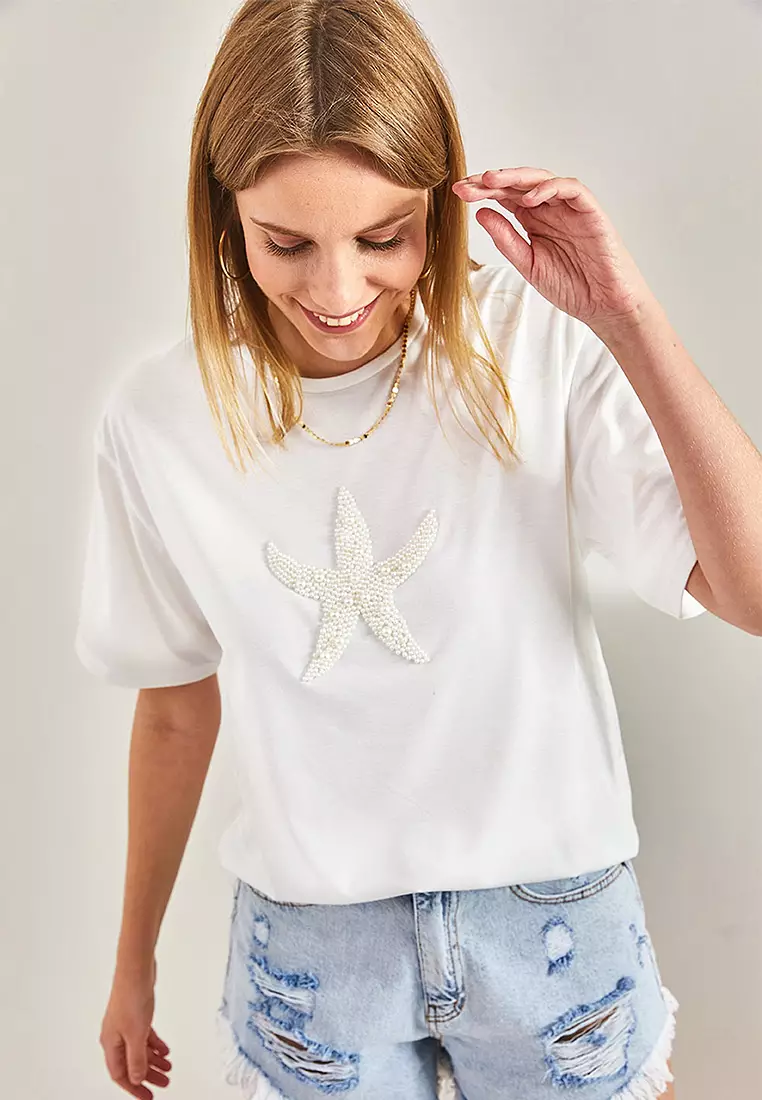 Star Pearl Stone Embroidered T-Shirt
