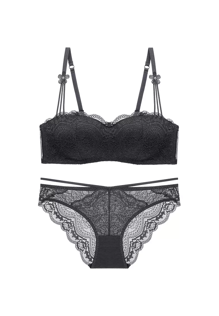 Buy ZITIQUE Women's European Style Half-Cup Ultra Thin Pad See-through Lace  Lingerie Set (Bra And Underwear) - Black 2024 Online