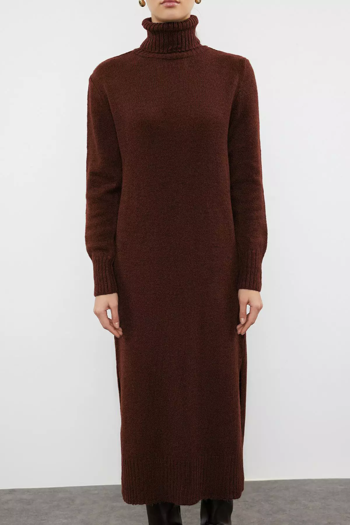 Brown Midi Wide Fit Soft Texture Knitwear Dress