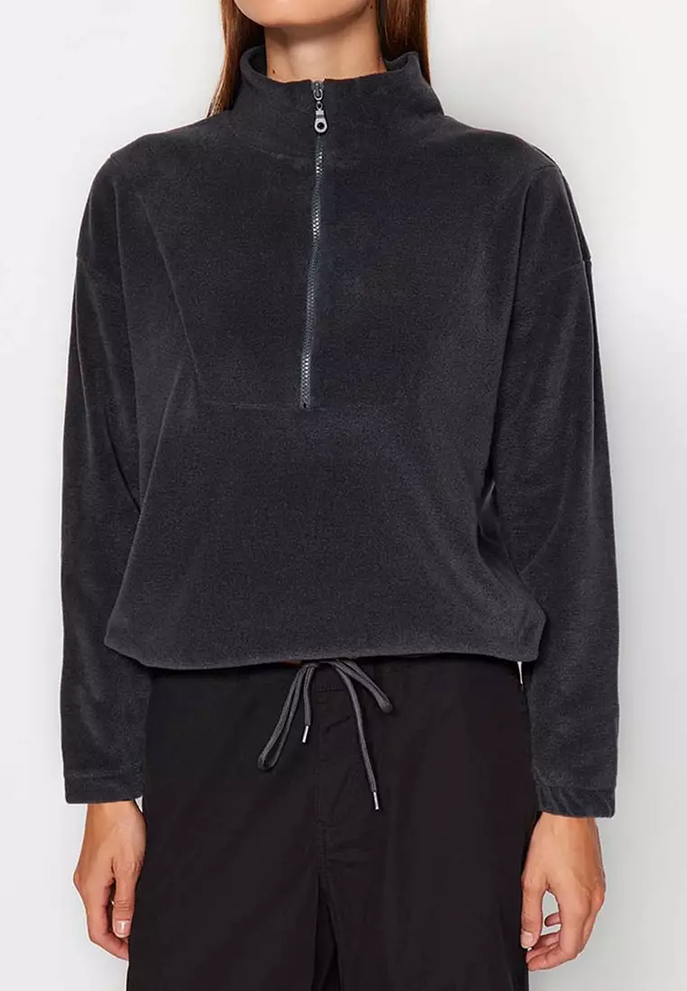 Zipper Detail Fleece Knitted Sweatshirt
