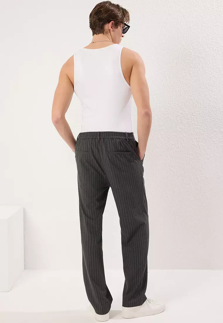 Anthracite Striped Pleated Classic Baggy Fit Fabric Trousers TMNSS24PL00024