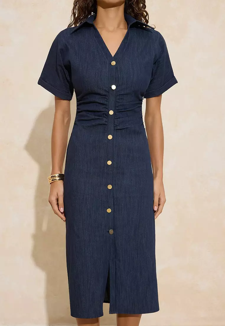 Navy Blue Buttoned Midi Woven Dress Twoss26El84