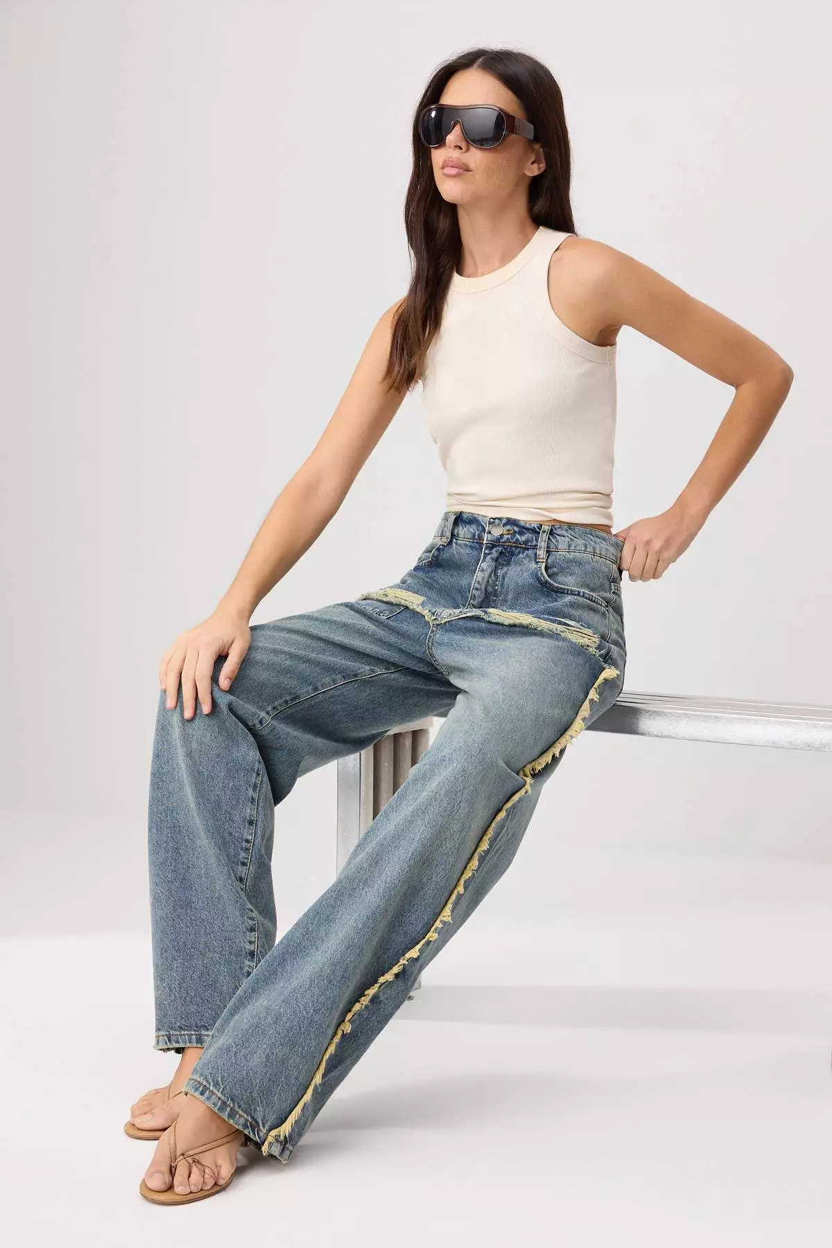 Blue Ripped Detailed High Waist Wide Leg Jeans Twoss26Je00353