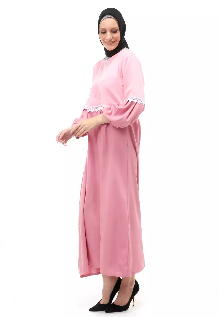 Sarinah Gamis Muslimah Panjang Atasan Wanita Motif Mutiara Regular Fit - Pink