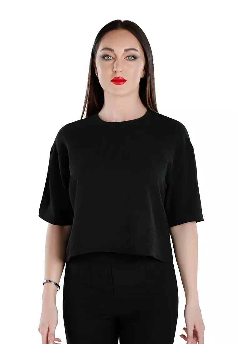 Black Half Sleeves Crop Top & Capris Coord Set