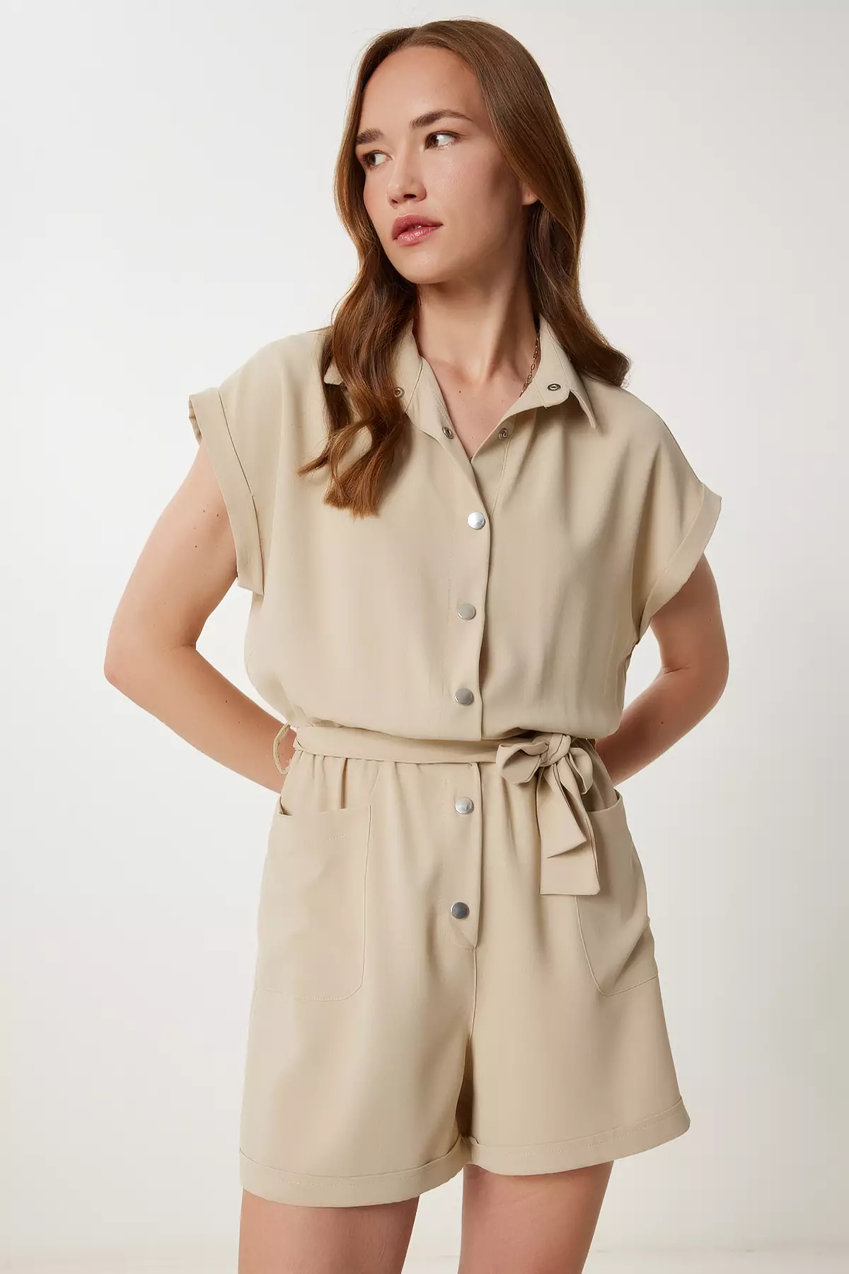 Women's Stone Polo Neck Mini Woven Jumpsuit Pb00037