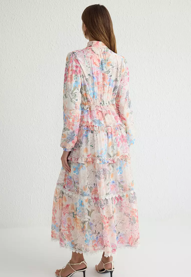 Multicolored Floral Patterned Lined Chiffon Woven Dress TCTSS25EB00050