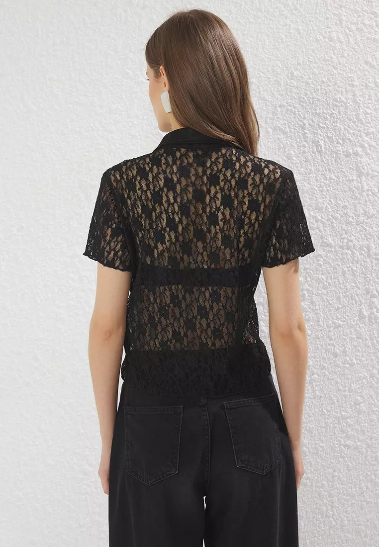 Black Polo Neck Lace Fitted/Fits Body Flexible Knitted Blouse TWOSS25BZ00407