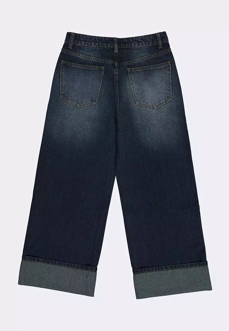 Women's Wide Leg Cuffed Denim Pants