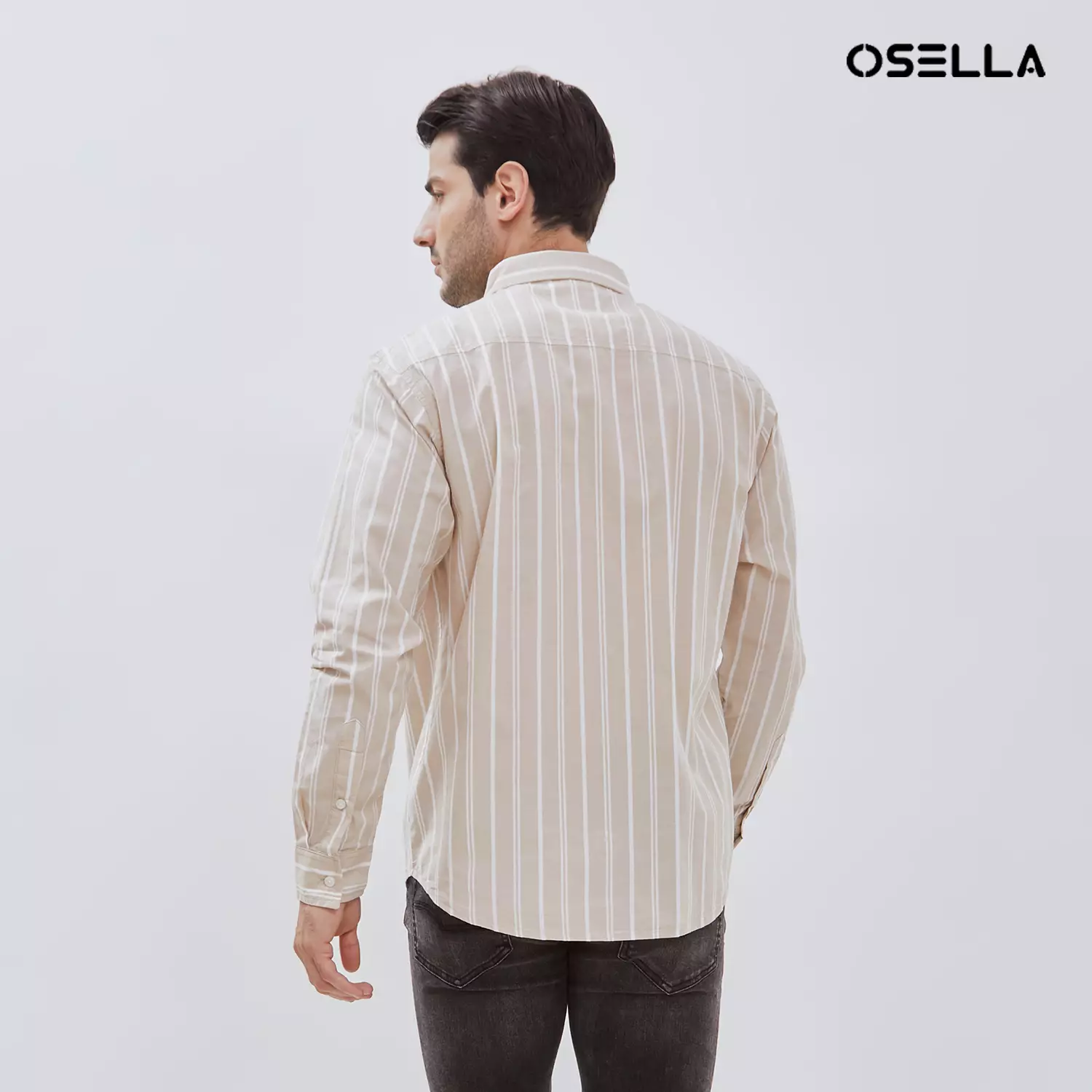Osella Striped Pattern Regular Fit Collared Shirt In Light Beige And White 2037501238 | Kemeja Pria Lengan Panjang