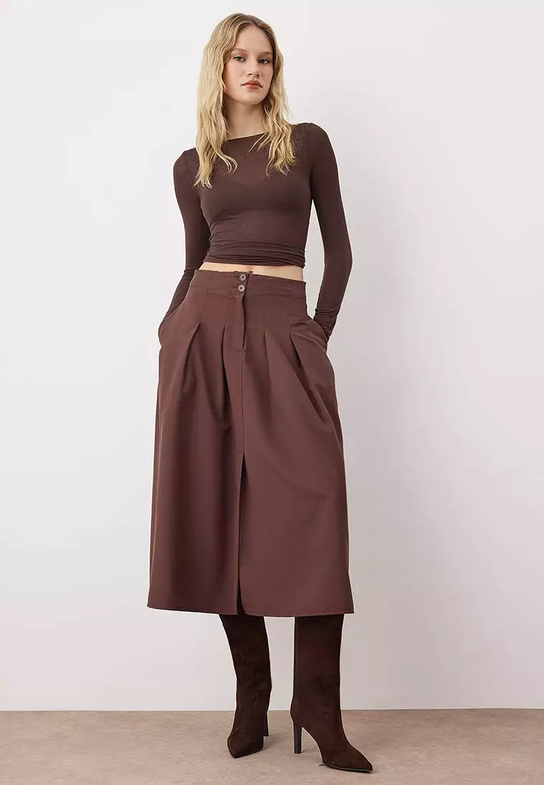 Dark Brown Pleated Detailed Front Buttoned Midi Length Woven Skirt