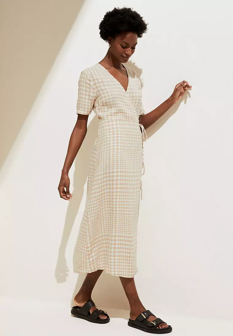 Jual Marks & Spencer Linen Blend Checked Midi Wrap Dress Original 2024