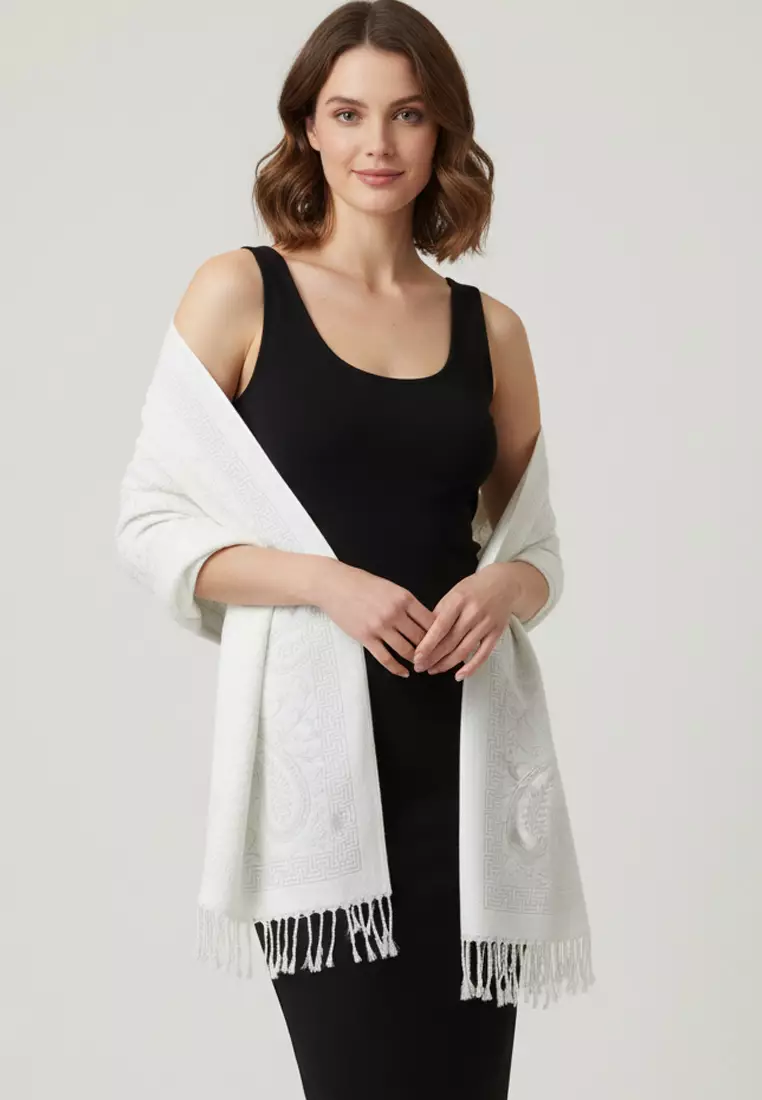 Reversible Viscose Paisley Pattern Pashmina Shawl Syal Wanita Floral Snow White