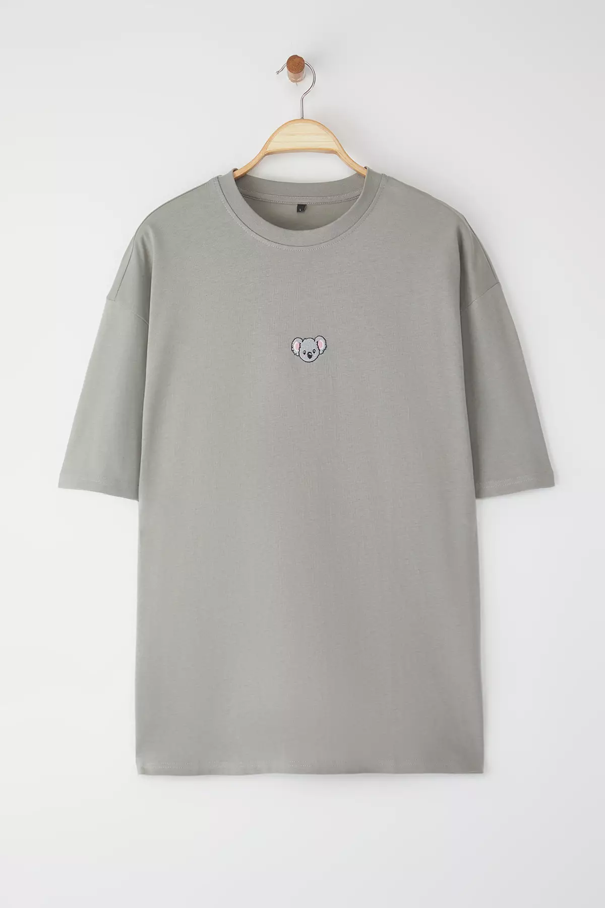 Gray Oversize Koala Embroidered 100% Cotton T-Shirt Tmnss23Ts00243