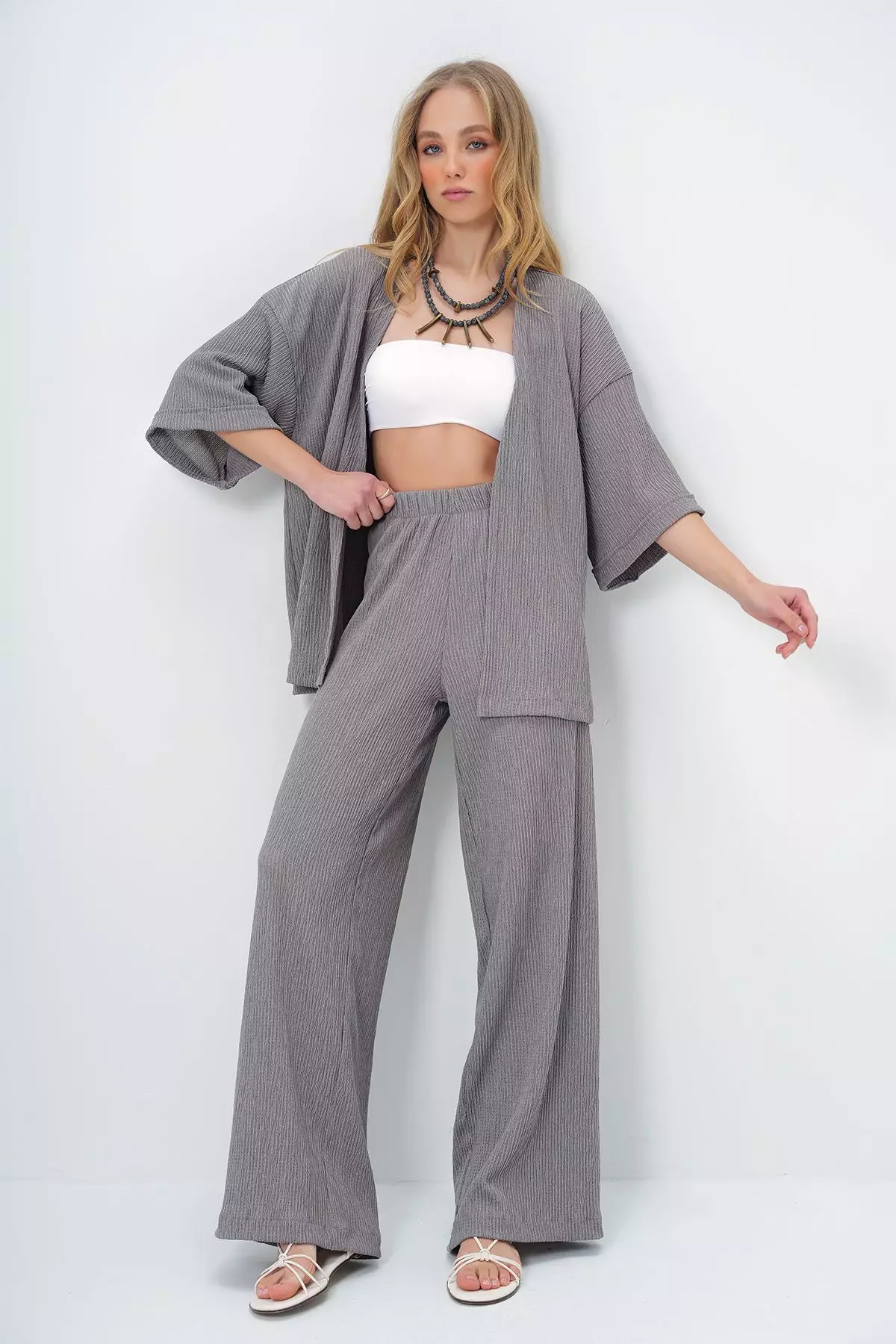 Women's Gray Double Sleeve Wrap Fabric Summer Kimono And Trouser Set