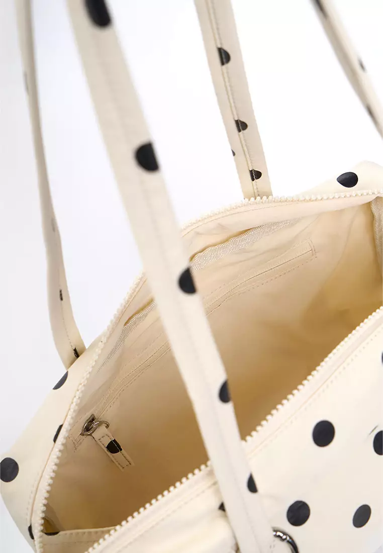 Nylon Polka Dots Bowler Shoulder Bag with Leather Charm