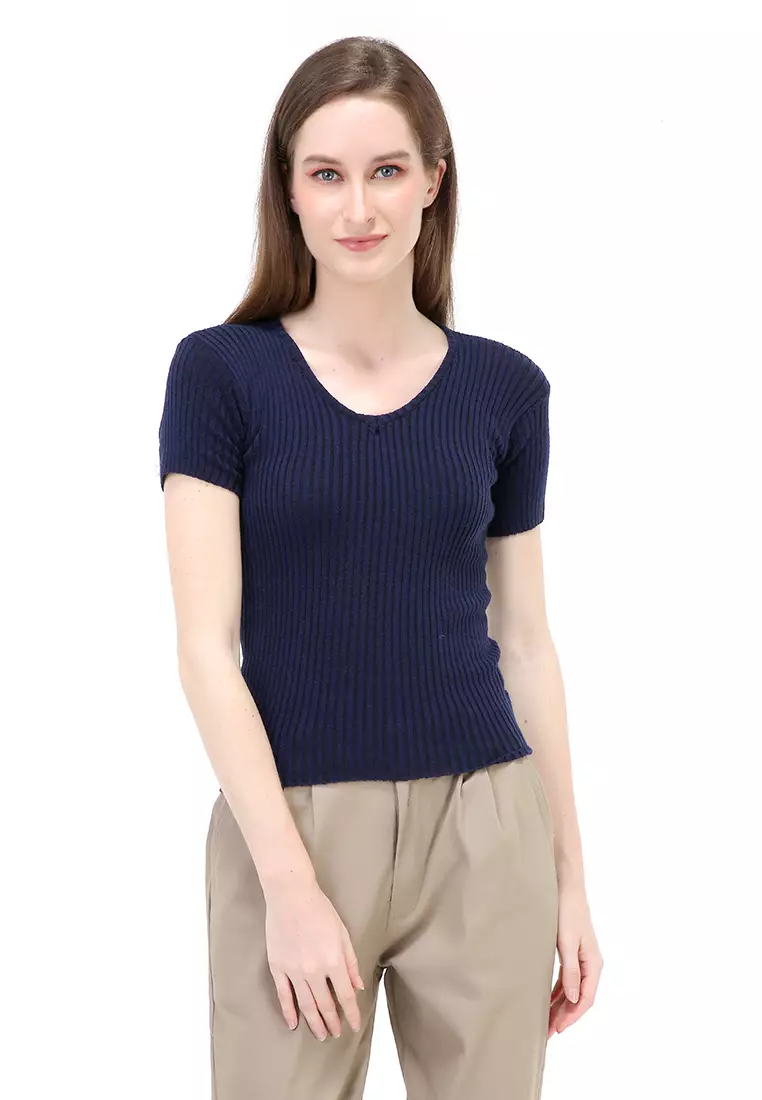 Amora Vneck Rajut Short Sleeves Atasan Casual Wanita - Navy