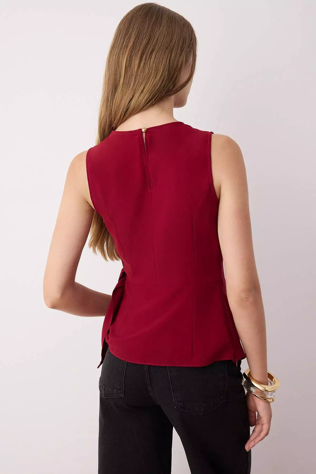 Burgundy Sleeveless Satin Binding Detail Blouse