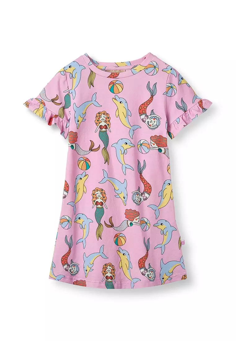 Short-sleeved dress with mermaids and dolphins