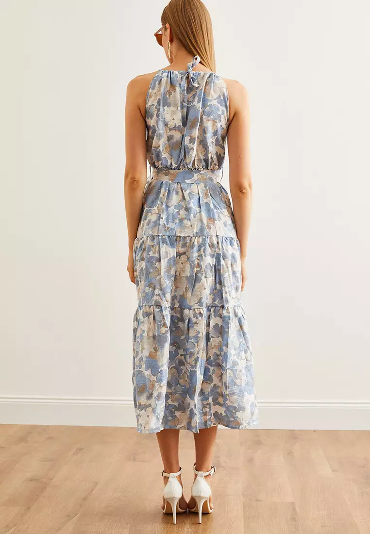 Halter Neck Belted Woven Viscose Dress