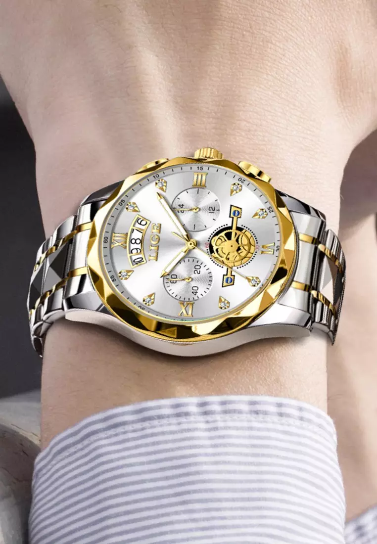 计时码表男女通用 IP 金色和不锈钢石英表，日期，不锈钢表带