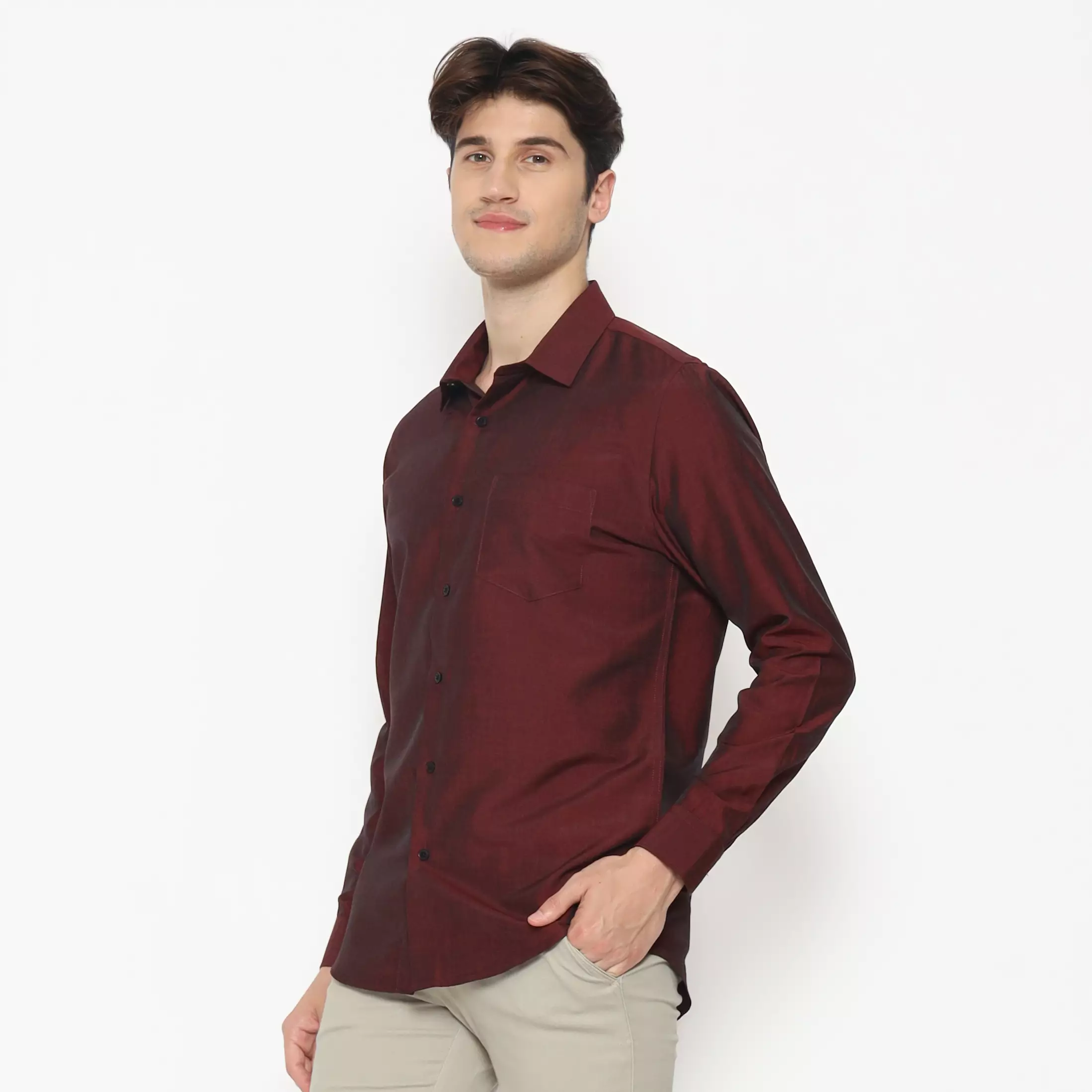 Jual Maginot MAGINOT Kemeja Pria Basic Polos Panjang DARK MAROON VER 1