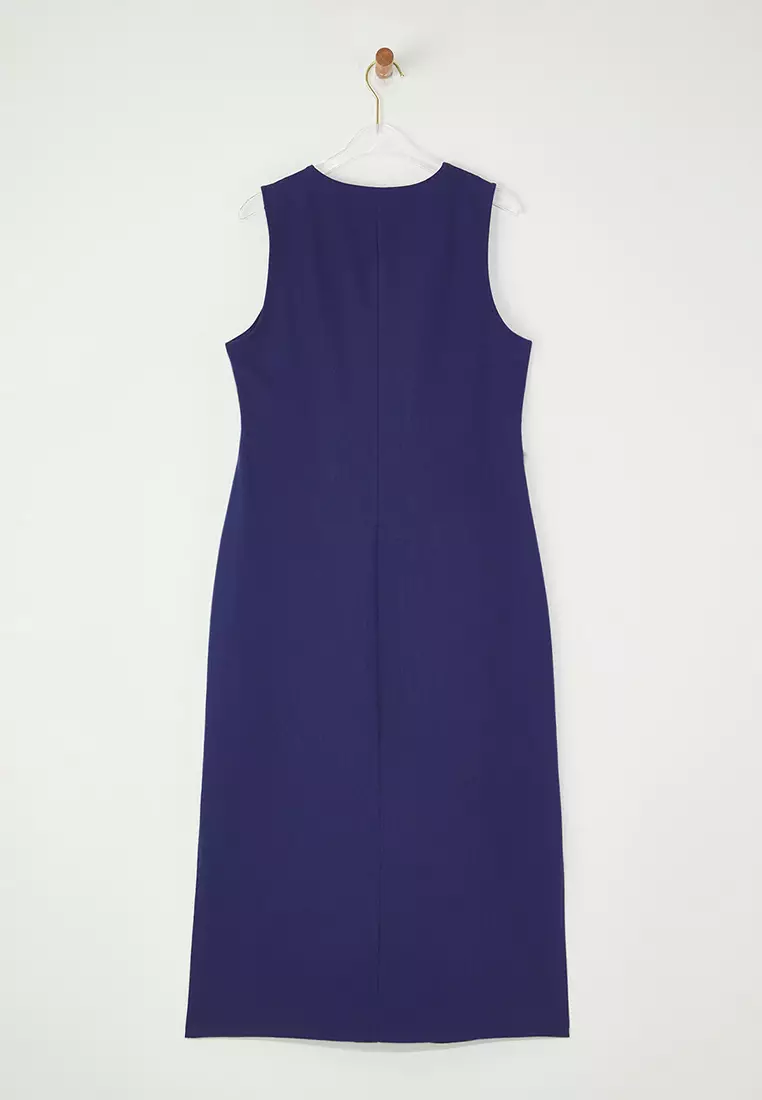 Navy Blue Belted Linen Blend Midi Woven Shirt Dress TWOSS25EL00651