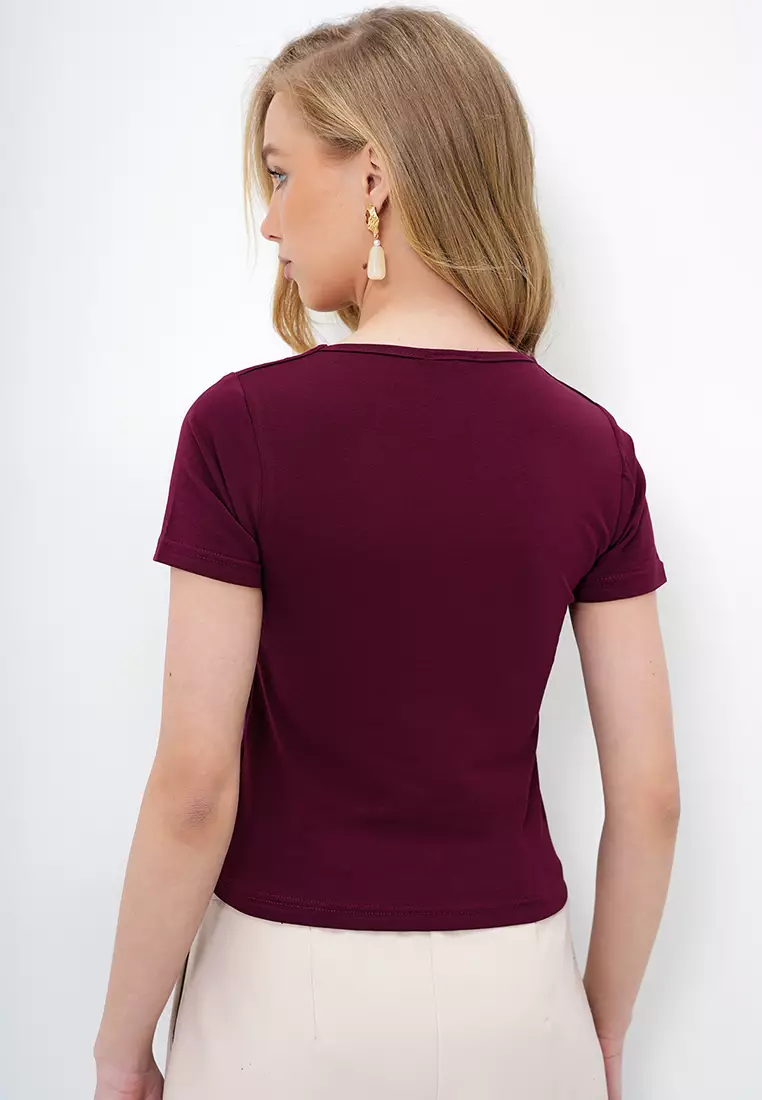 Women's Burgundy Square Collar Lycra Jumpsuit Double Fabric Crop Blouse Alc-X13903