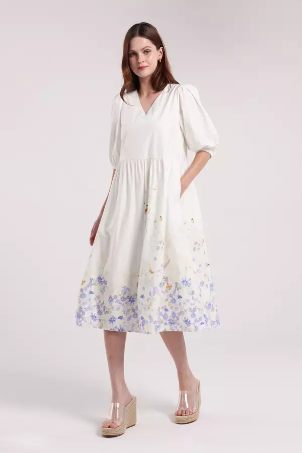 MINIMAL - Rhythm - Gaun Lengan Balon Motif Bunga  - Off White Warna Offwhite