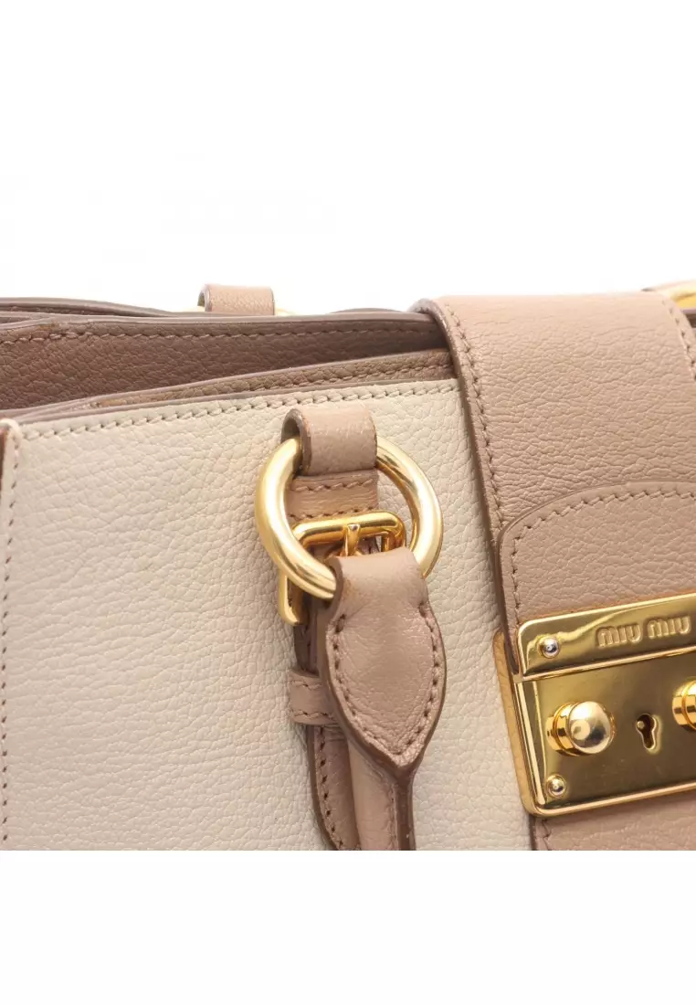 Pre-Loved MIU MIU MADRAS Madras Handbag tote bag leather beige light brown 2WAY
