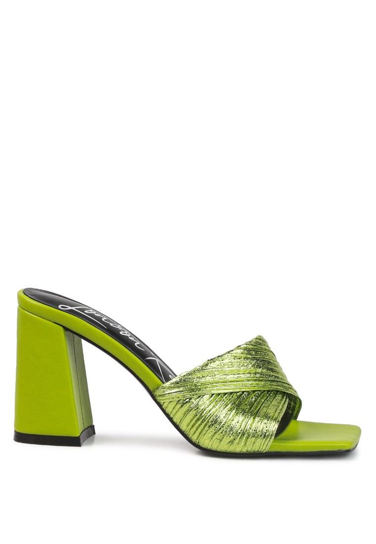 Metallic Green Crinkled High Heeled Block Sandals