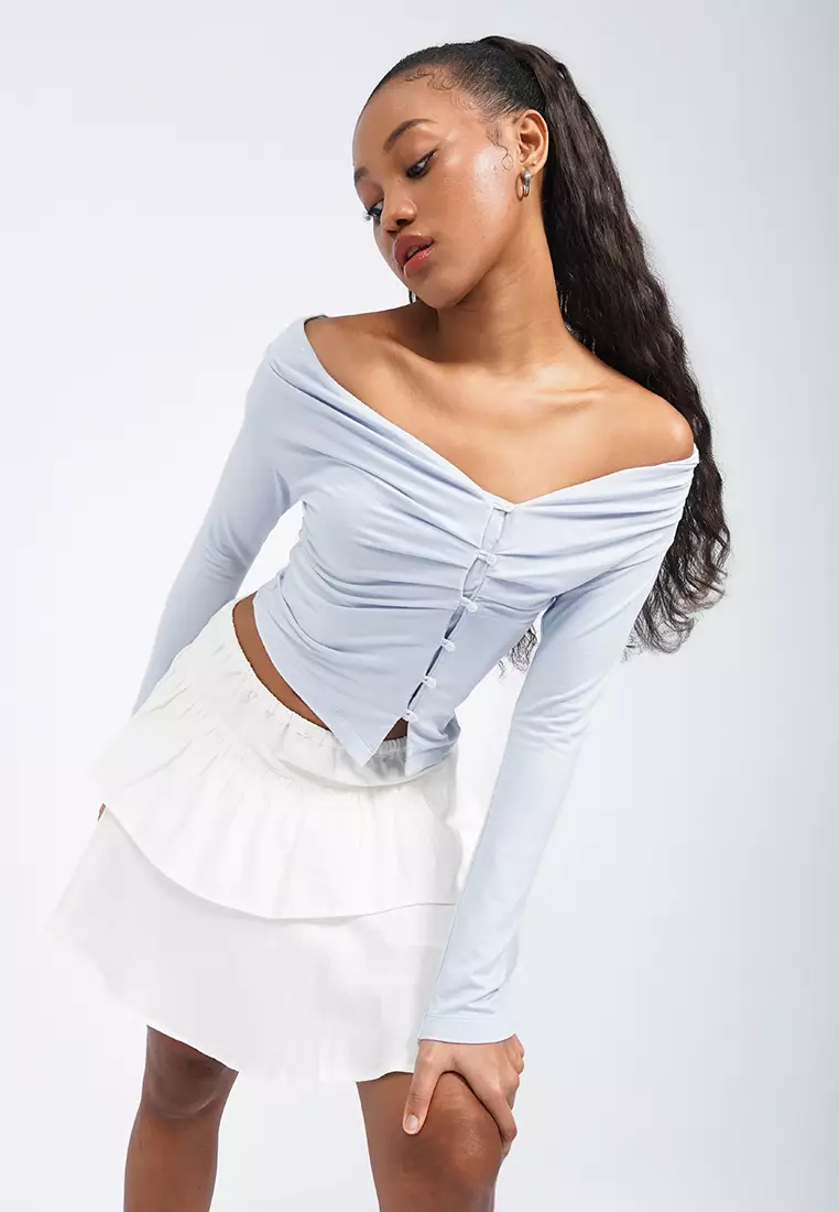 Buttoned Off Shoulder Long Sleeve Top
