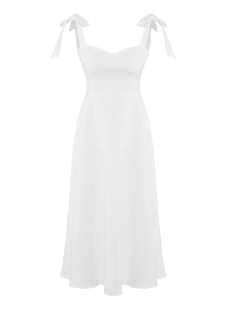 White A-Line Strap Binding Detail Woven Midi Stylish Evening Dress Night Graduation Dress Tprss24El00251