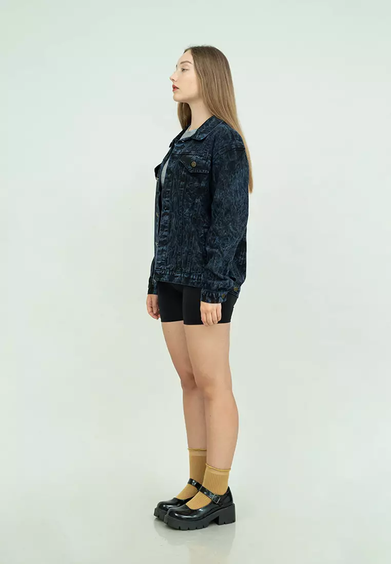 Houseofcuff Jaket Jeans wanita Polos Tebal Denim Biru Dongker Pudar