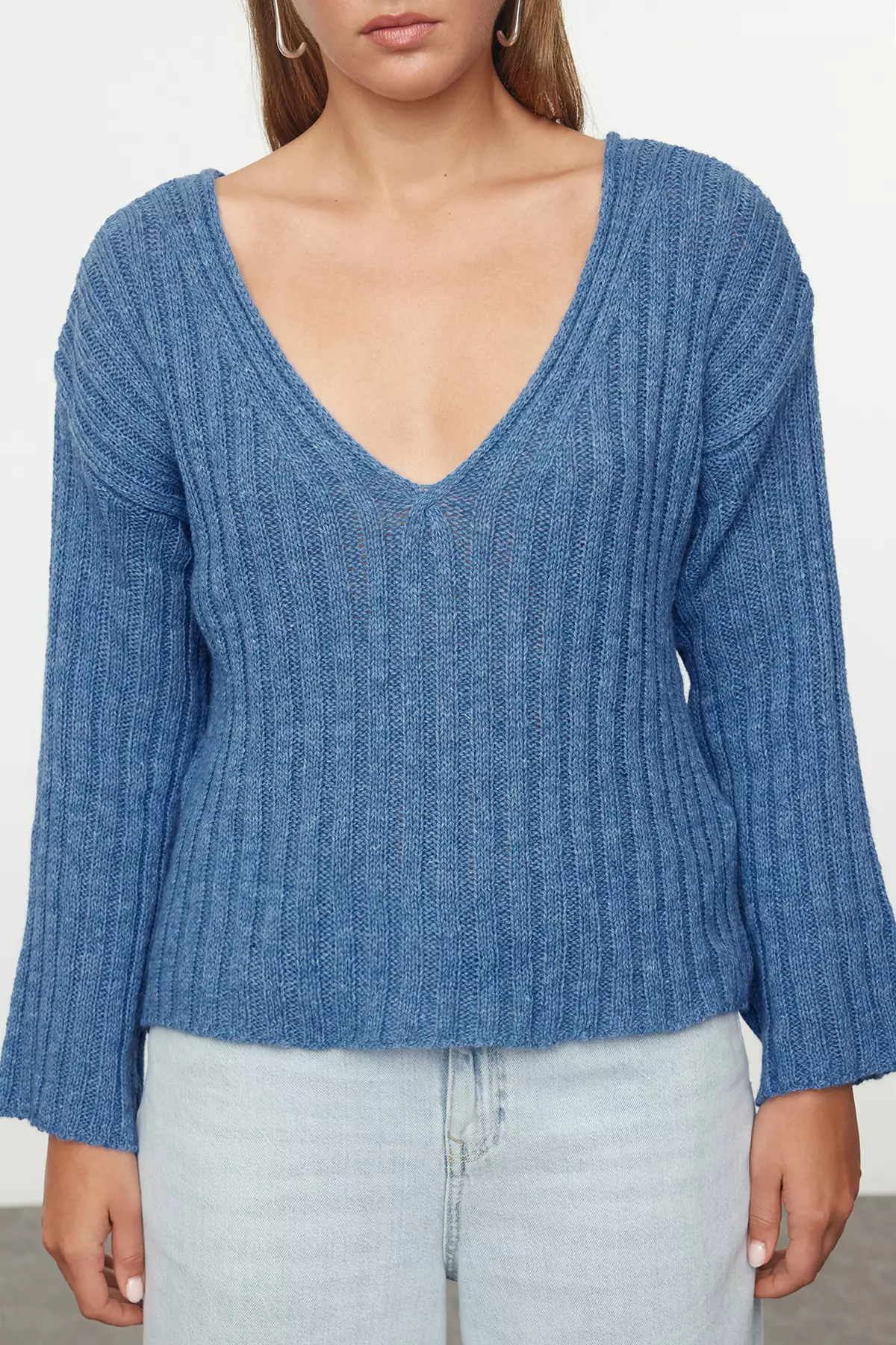 Dark Blue Mercerized Wool Wide Pattern Crop Basic Knitwear Sweater TWOAW23KZ01844