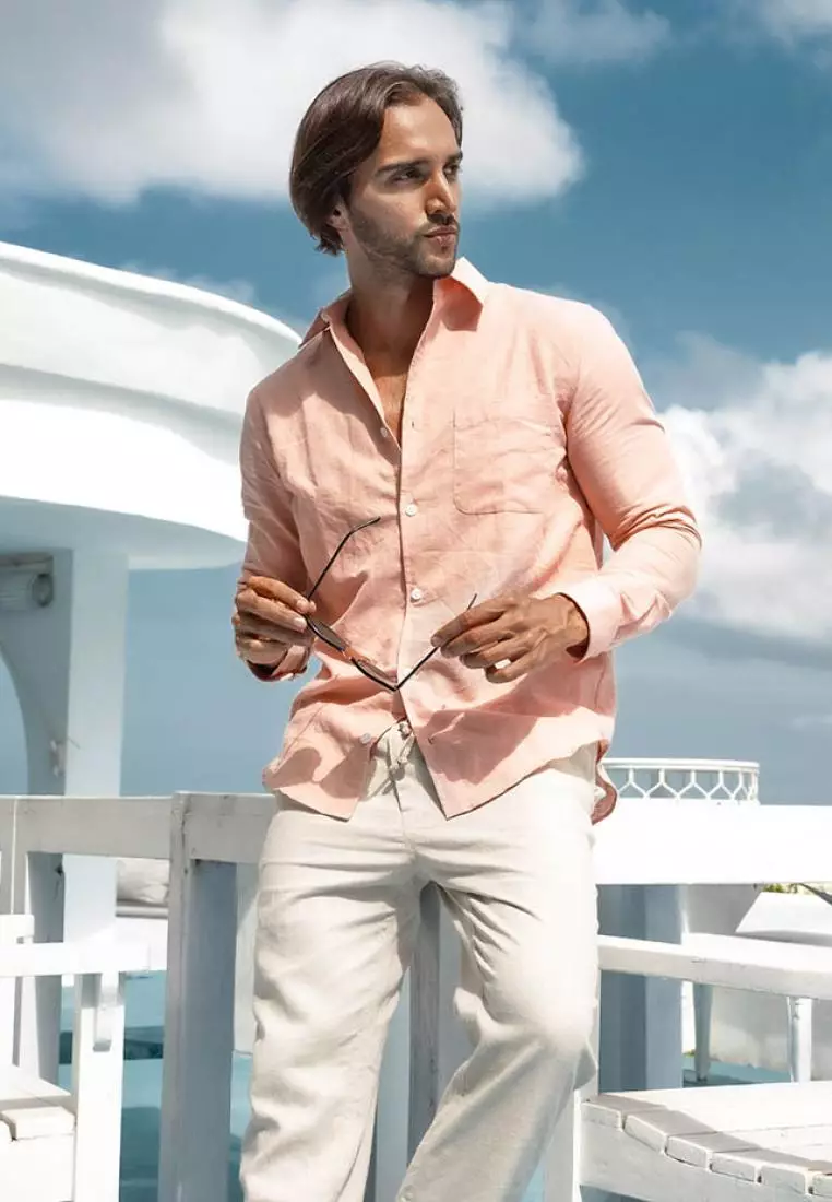 Lona Kemeja Linen Lengan Panjang Pria Salem | Linen Long Sleeve Shirt Men Peach