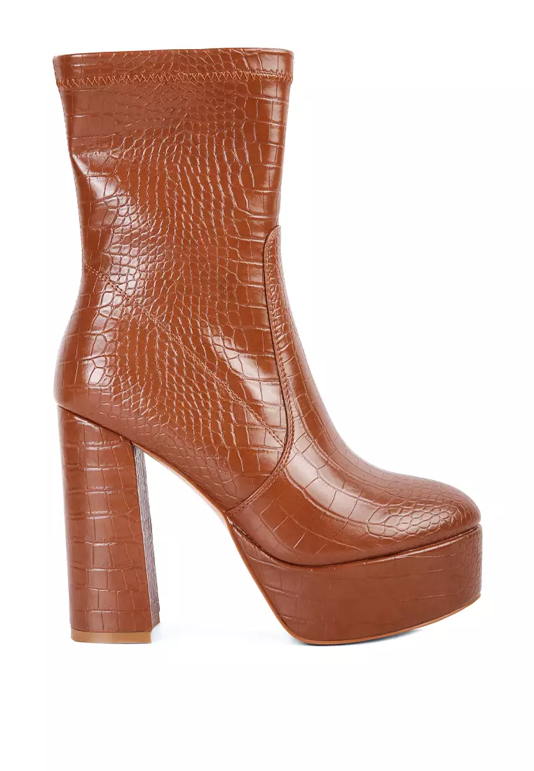 Discount on London Rag  shoes - SKU: Tan High Heeled Croc Pattern Ankle Boot