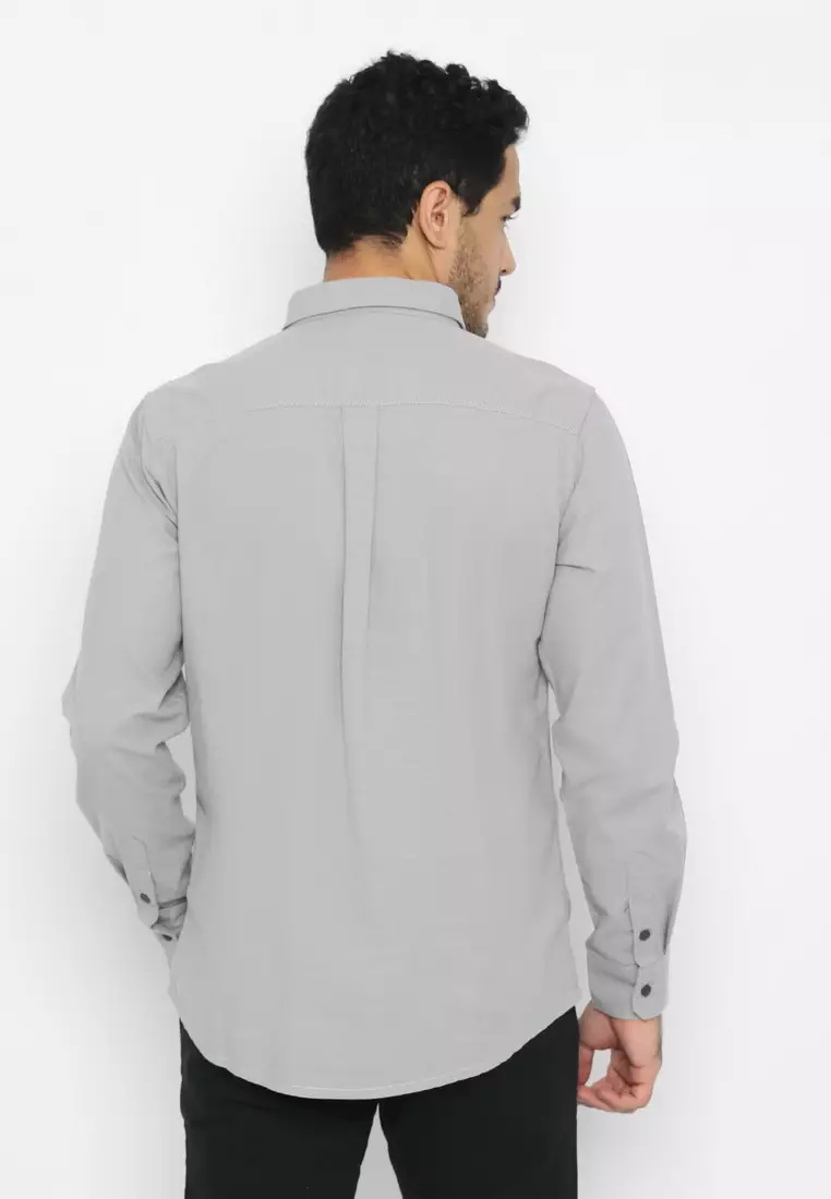 POLICE Kemeja Polos Cotton Slub Light Grey Regular Fit Lengan Panjang Pria