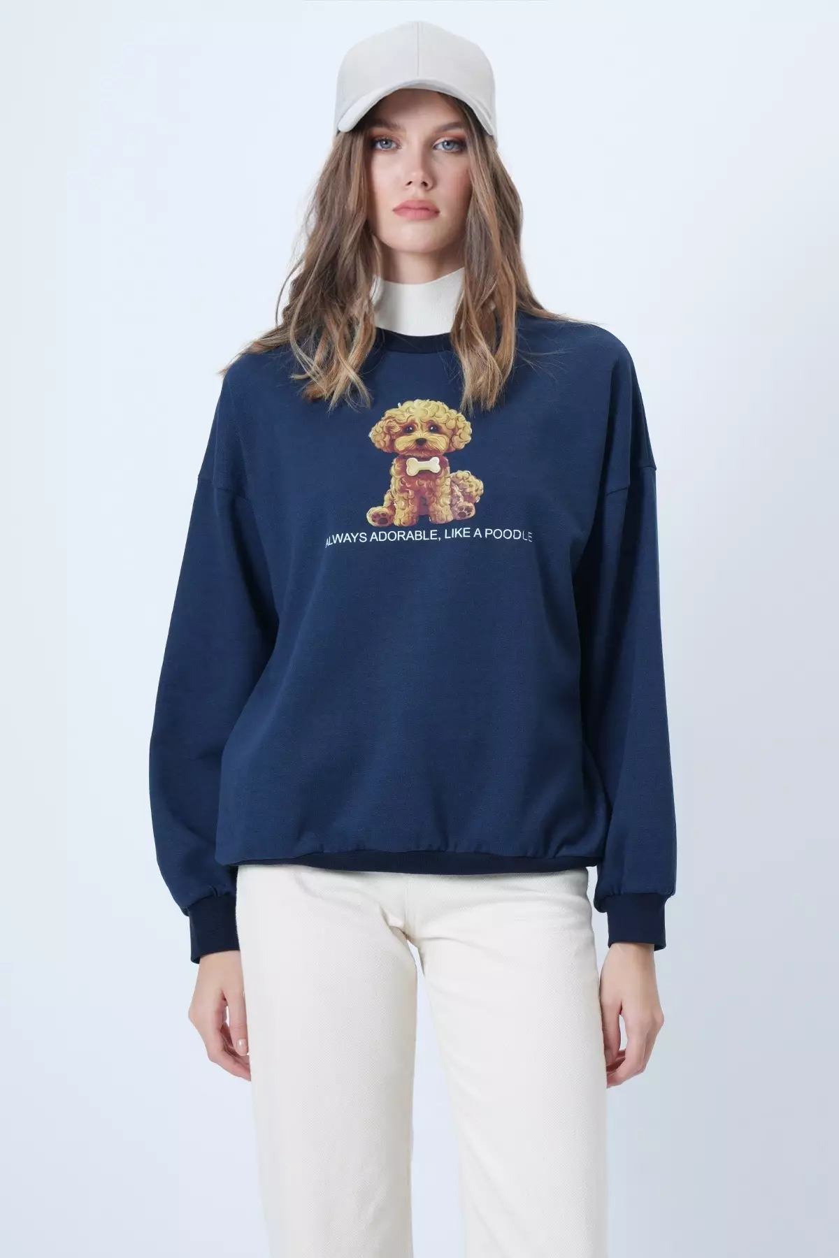 Women'S Navy Blue Front Printed Oversize Cotton Sweatshirt Alc-X14651