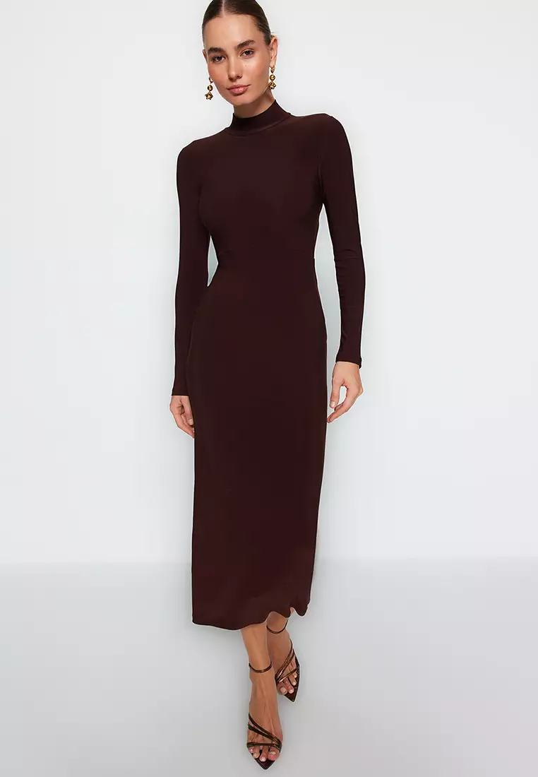 Buy Trendyol Fitted Mock Neck Midi Dress Online | ZALORA Malaysia