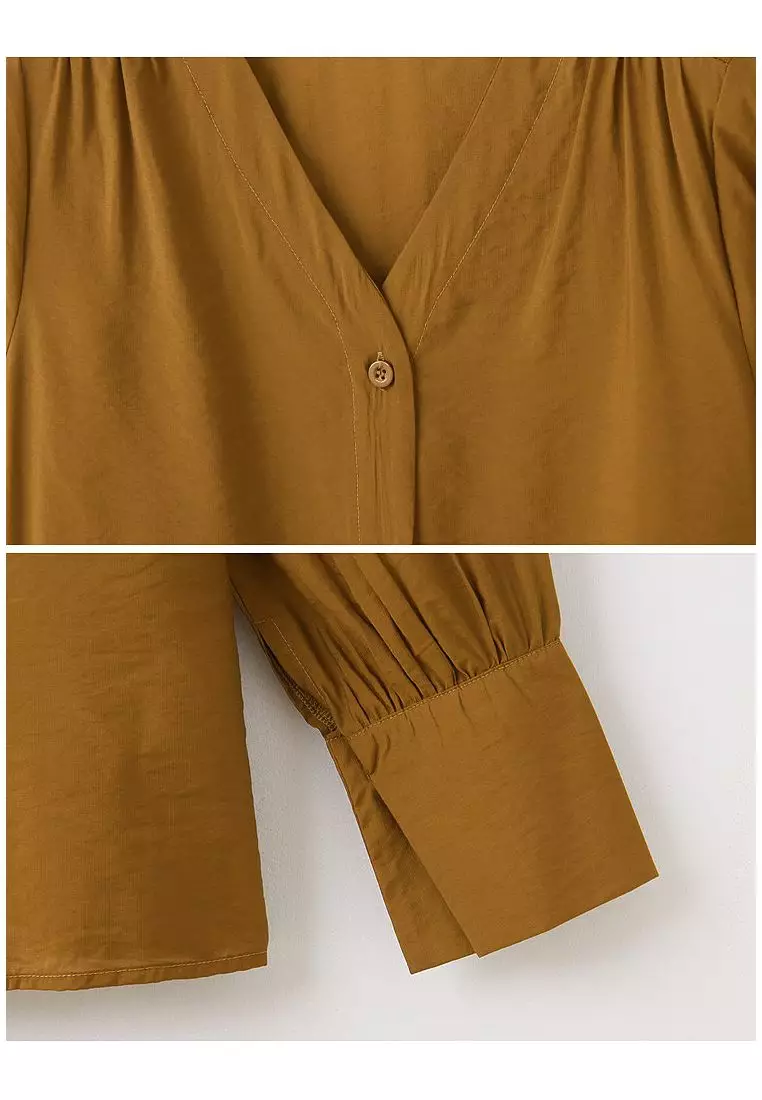 拋袖開襟純色V領上衣《AB18819》