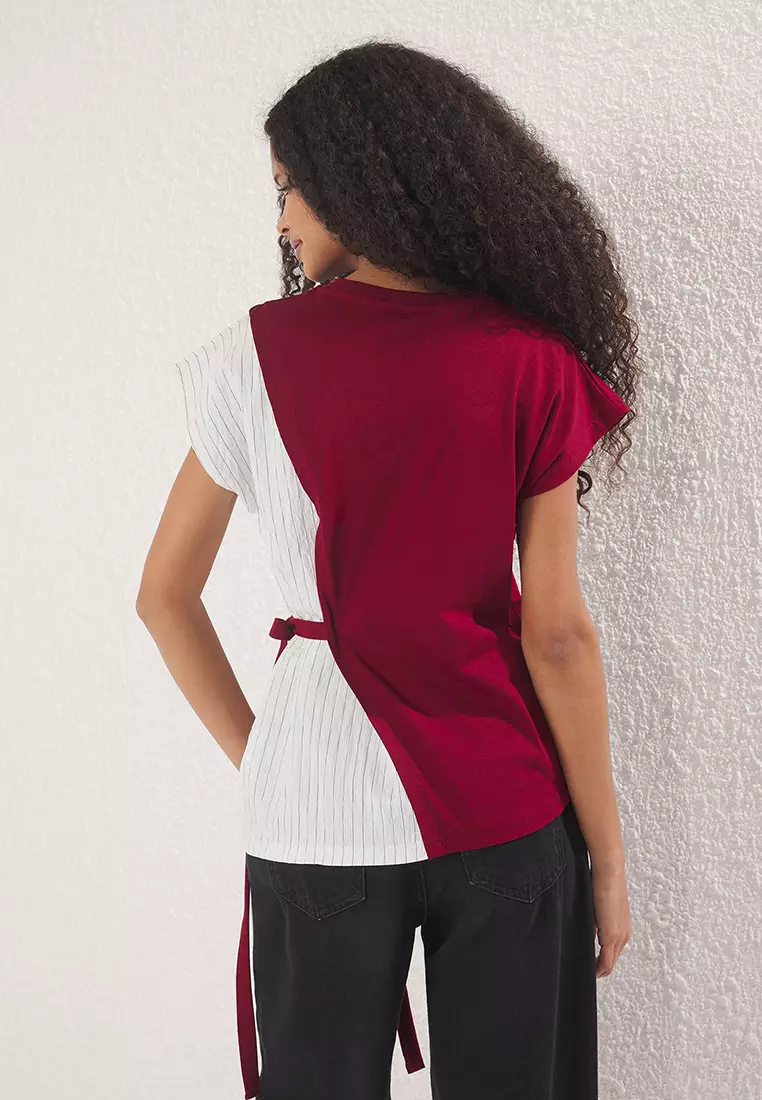 Relaxed Pattern Knitted Blouse With Burgundy Woven Garni And Tie Detail Twoss25Bz0009