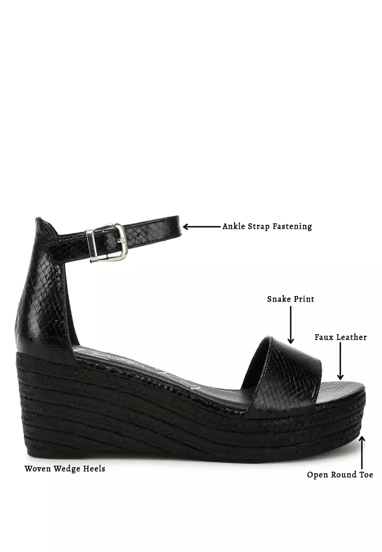 Espadrilles Wedge Ular Kulit Imitasi Hitam