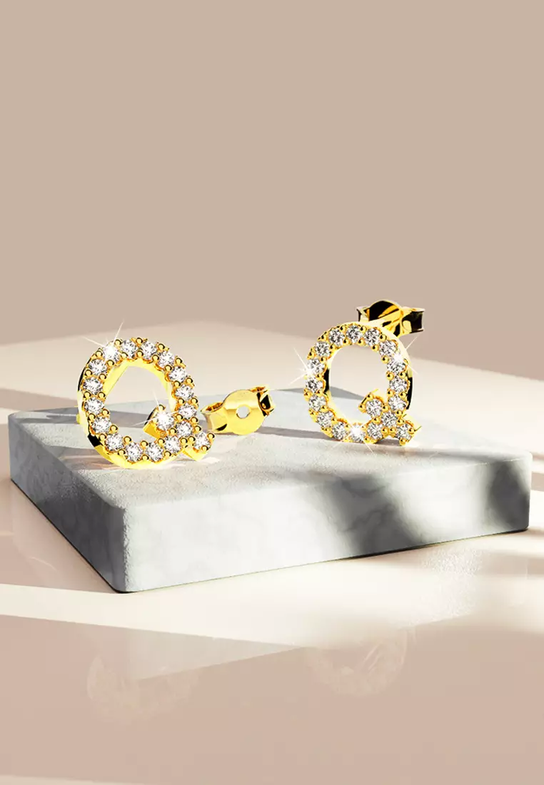 Solid 925 Sterling Silver Glamour Alphabet Letter Earrings Gold - Q