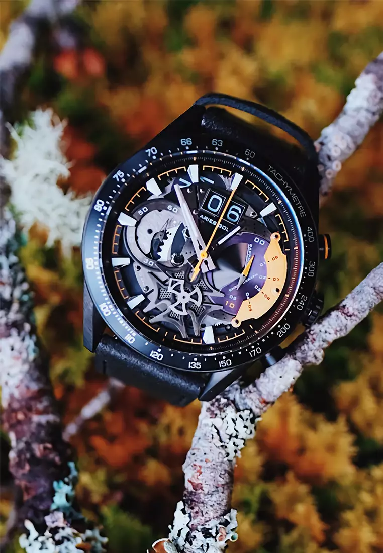 Aries Gold Jolter - Jam Tangan Chronograph Pria - Black Yellow - Leather Strap - G 7008