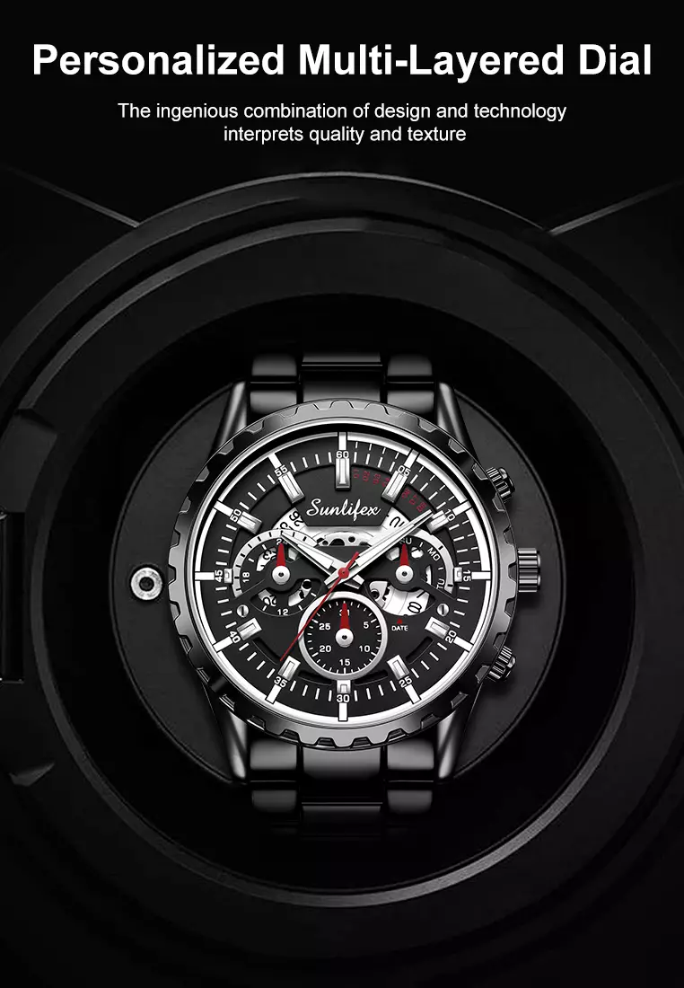 Jam Tangan Pria 8081 Kuarsa Hollow Design Kalender Tali Stainless Steel Jam Tangan Cowok Allblack