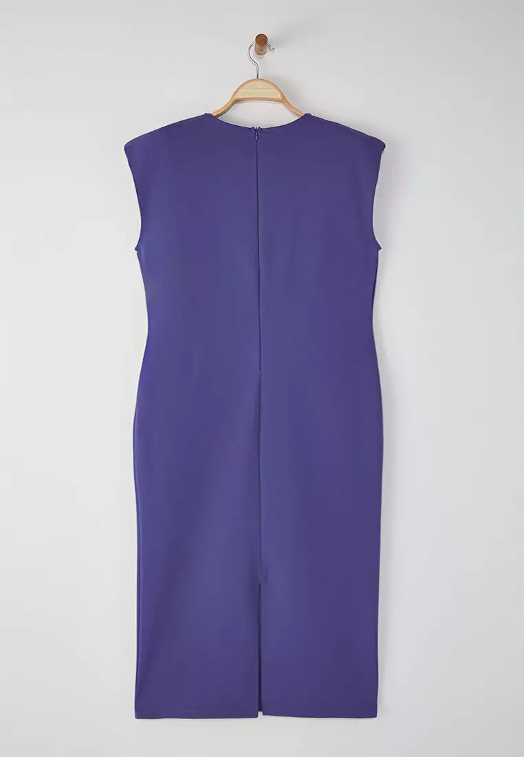 Blue Crew Neck Crepe Knit Plus Size Dress Tbbss25Ah00010