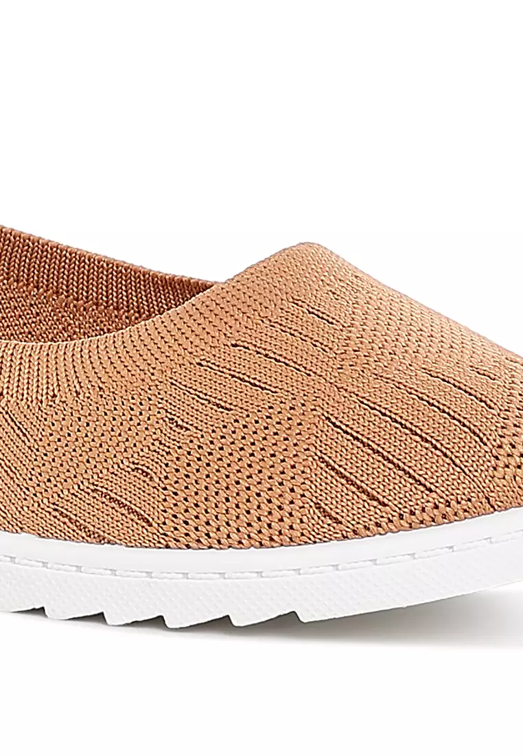 Knitted Flat Ballet Flats in Tan