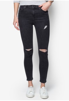 TOPSHOP MOTO Washed Black Ripped Jamie Jeans