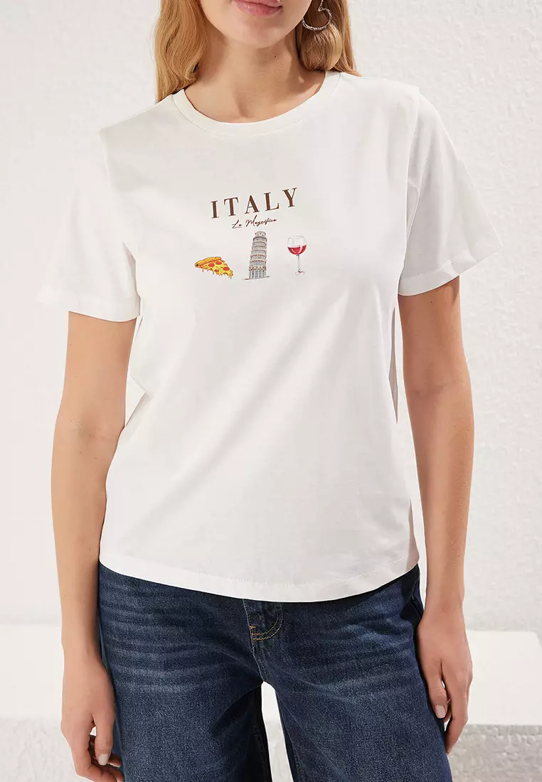 Ekru 100% Cotton Regular Fit Slogan Printed Knitted T-Shirt TWOSS25TS00047